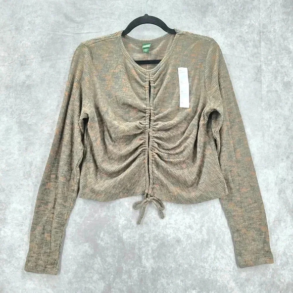 Wild Fable Brown Knit Crop Drawstring Split Longsleeve Cozy Top NWT Extra Large - Picture 1 of 7
